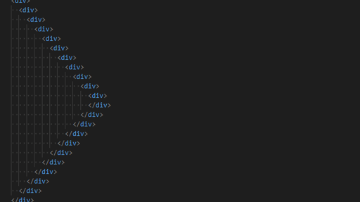 En skärmdump av kod som består av drygt tio nästlade div-element.