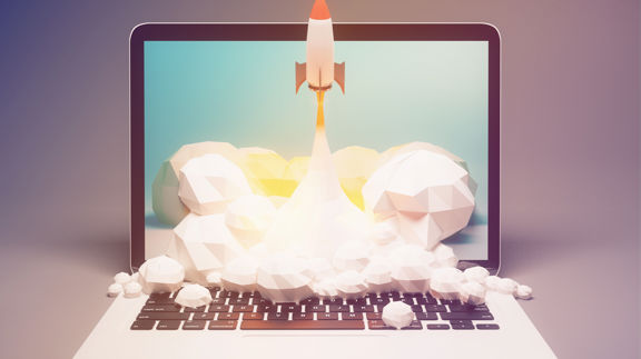En raket ser ut att lyfta fån tangentbordet på en laptop. Den lämnar ett stort rökmoln efter sig.