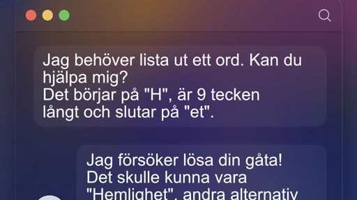 Illustration av ett chattfönster där en användare ber en AI om hjälp att lista ut ett ord som börjar på H och slutar på et, och AI:n svarar att ordet kan vara 'Hemlighet'.